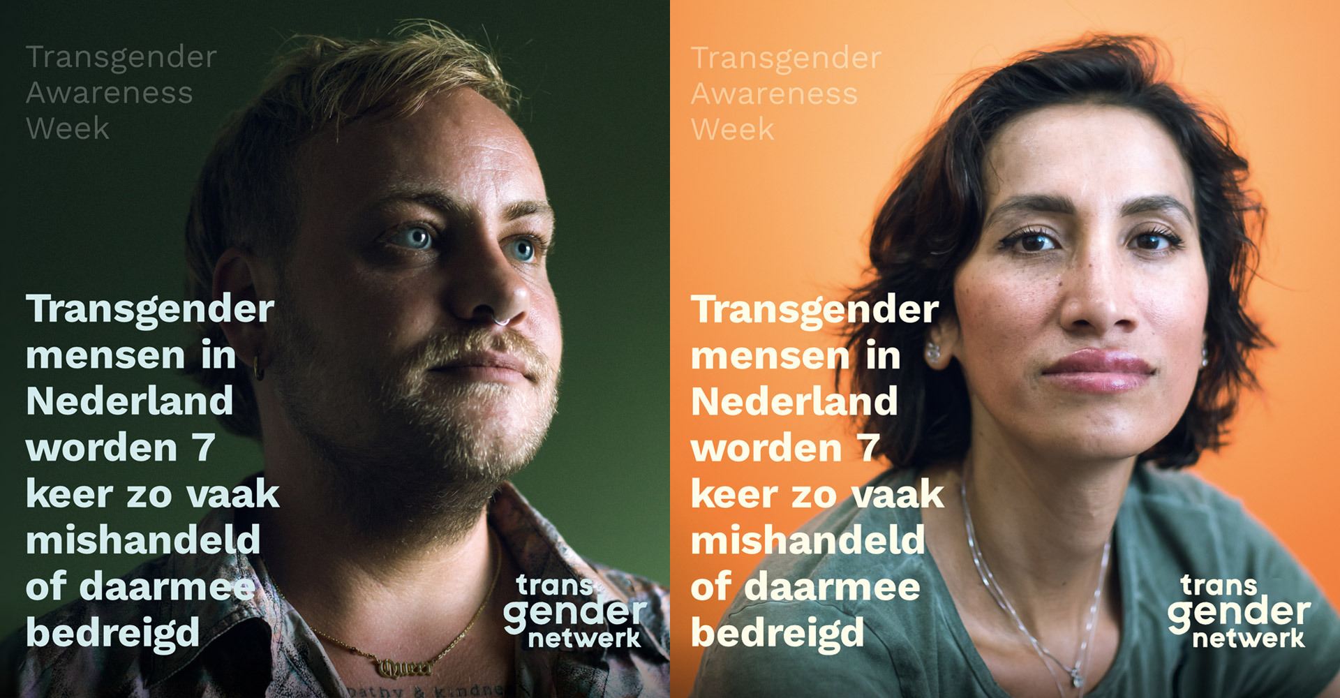 poster transgender awareness week van transgender netwerk. een afbeelding van een trans man en transvrouw met de tekst transgender mensen in nederland worden 7 keer zo vaak mishandeld of daarmee bedreigd.