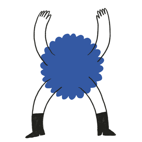 Een blauwe, symmetrische bloem met afgeronde blaadjes en horizontale strepen. Rondom zwarte, gestileerde mensachtige ledematen: twee armen boven met vuisten omhoog en twee benen onder.