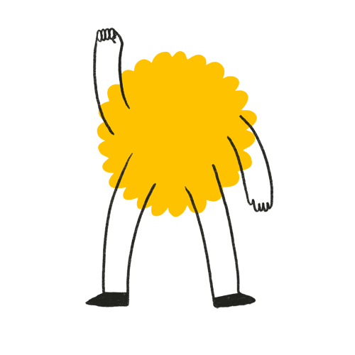 Een gele, bloemachtige figuur met een getande rand. Onder de figuur zwarte dunne benen die eindigen in kleine zwarte schoentjes. Witte achtergrond.