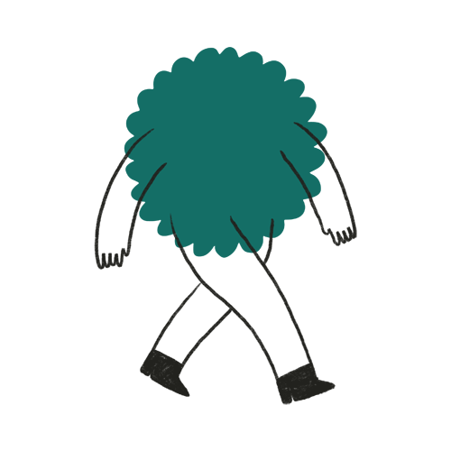 Eenvoudige tekening van een groen, bladachtig bovenstuk met scherpe randen. Onder hangen meerdere dunne zwarte lijnen die op poten lijken. Alles op een witte achtergrond.