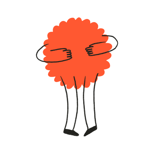 Eenvoudige tekening van een oranje figuur met afgerond bovenlijf en beide handen tegen de borst. Onder het lichaam lopen zwarte verticale strepen en staan twee kleine zwarte voetjes.