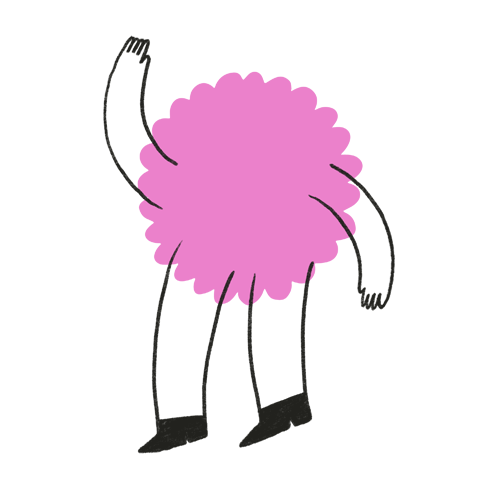 Eenvoudige tekening van een roze bol. De kwal heeft een ronde, gegolfde mantel en meerdere dunne zwarte tentakels die naar beneden hangen.