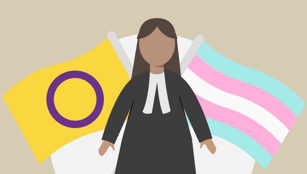 afbeelding van rechter met 2 vlaggen met intersekse vlag en trans vlag