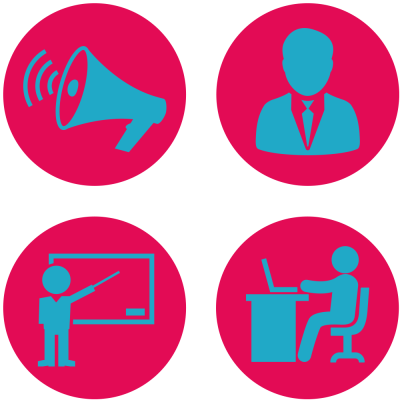 4 logos met kantoor gerelateerde afbeeldingen op een roze achtergrond