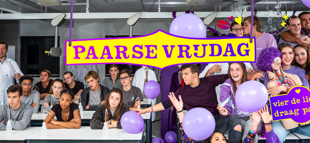Foto van een groep studenten met paarse ballonnen en kleding en de tekst "paarse vrijdag"