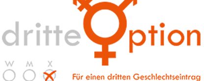 Tekst: Drite Option Fur einen dritten Geschlechtseintrag. De O is een transgenderteken. Er staan 3 rondjes onder met W / M / X en het rondje met de X is aangekruist.