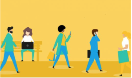 Plaatje van de Toolkit Onnodige Sekseregistratie met gele achtergrond en 4 lopende personen en een zittende persoon met laptop