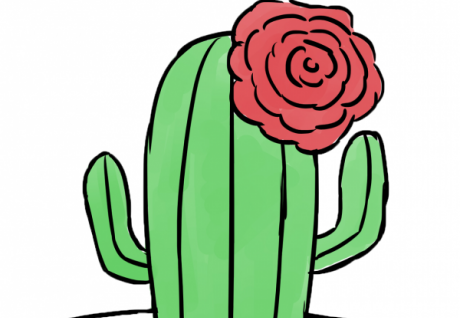 getekend plaatje van een cactus die in bloei staat in een wit potje met het transgender teken.
