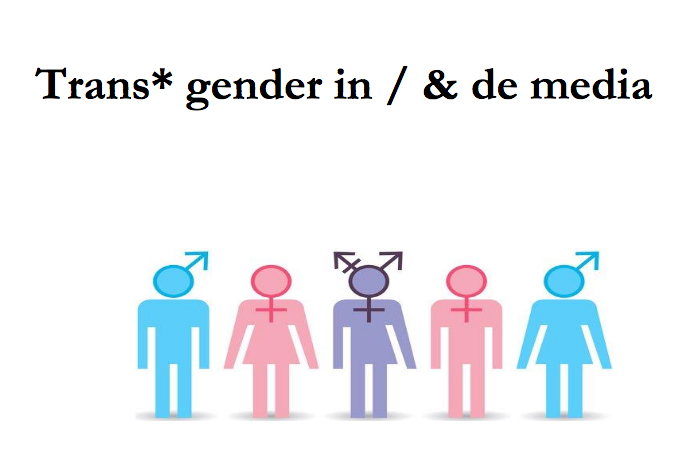 Plaatje van blauw, roze en een paars poppetje met de tekst Trans* gender in / & de media