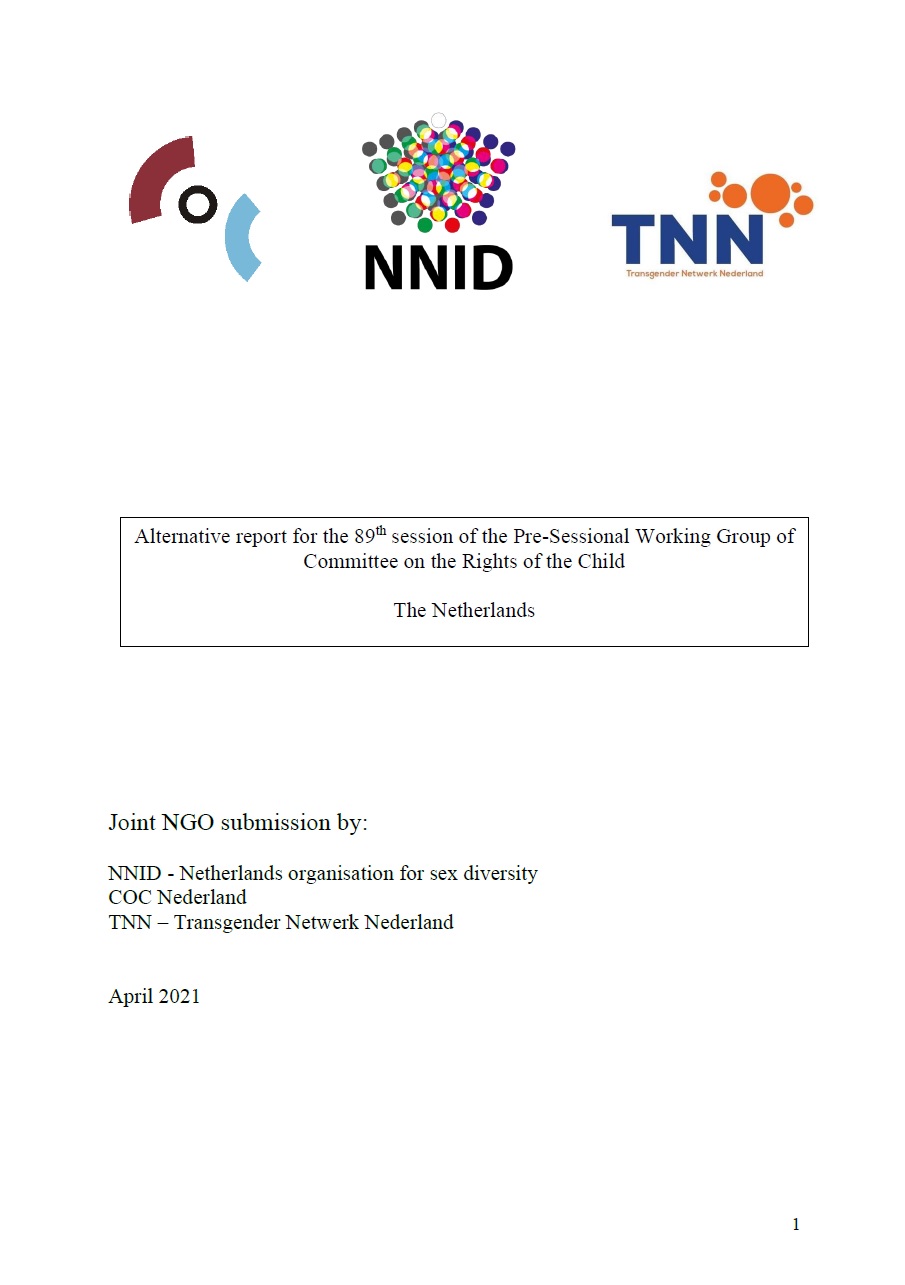 Voorblad van het 'Alternative report for the 89th session of the Pre-Sessional Working Group of Committee on the Rights of the Child' met logo's van COC Nederland, Transgender Netwerk en NNID.