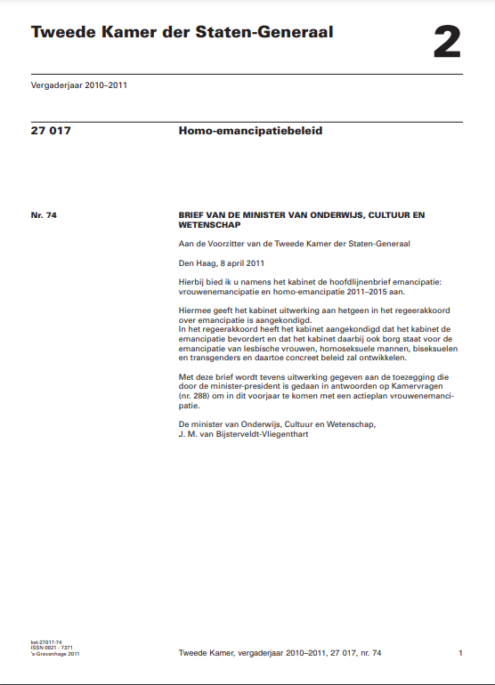 Hoofdlijnenbrief emancipatiebeleid (OCW, 2011)