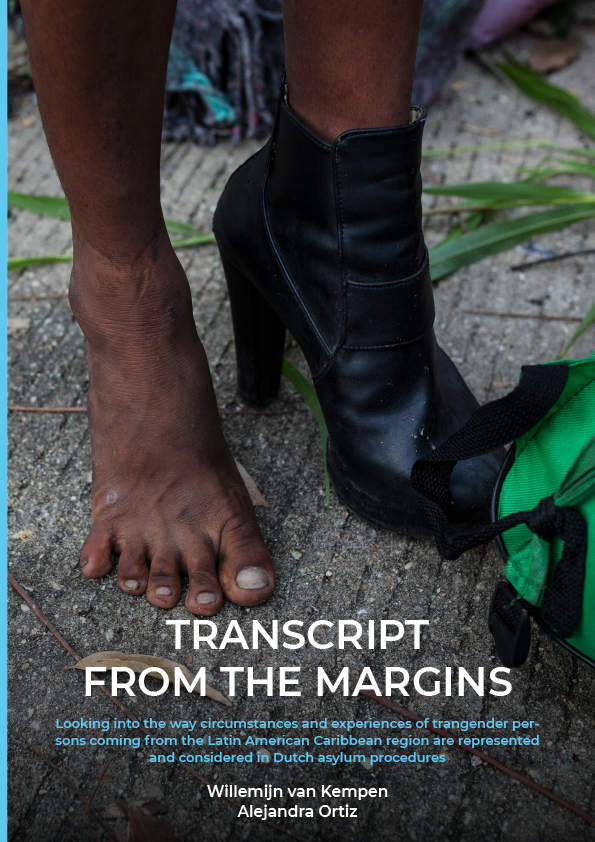 Poster met de tekst: Transcript from the margins. Looking into the way circumstances and experiences of transgender persons coming from Latin American Caribbean region are presented and considered in Dutch asylum procedures.