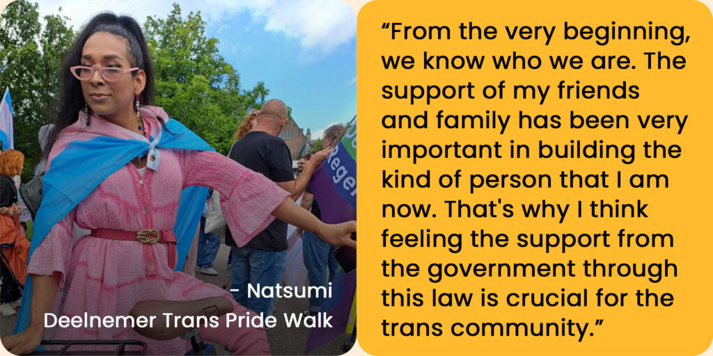 Foto Natsumi met quote: "From the very beginning, we know who we are. The support of my friends and family has been very important in building the kind of person that I am now. That's why I think feeling the support from the government through this law is crucial for the trans community."