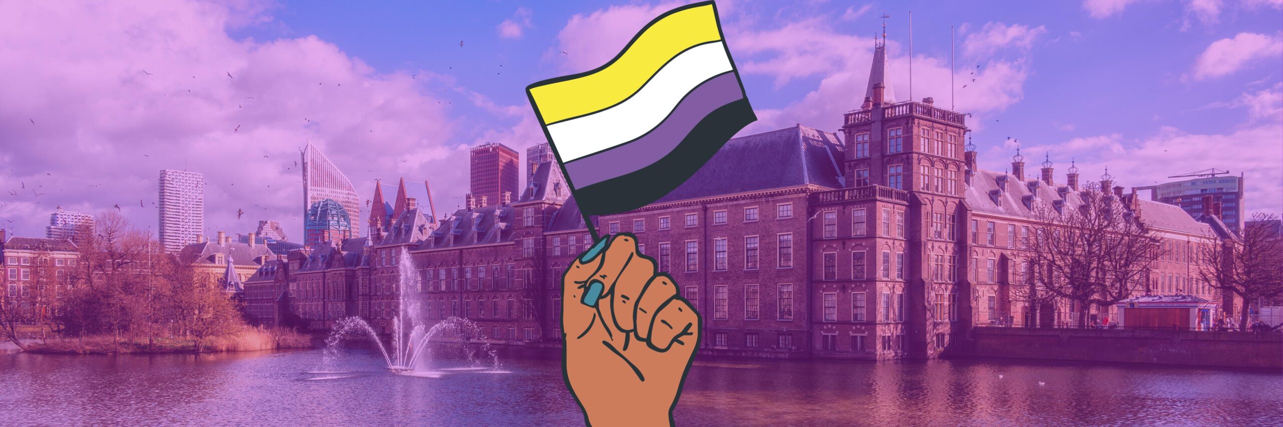 Hand met non-binary pride vlag voor Hofvijver in Den Haag