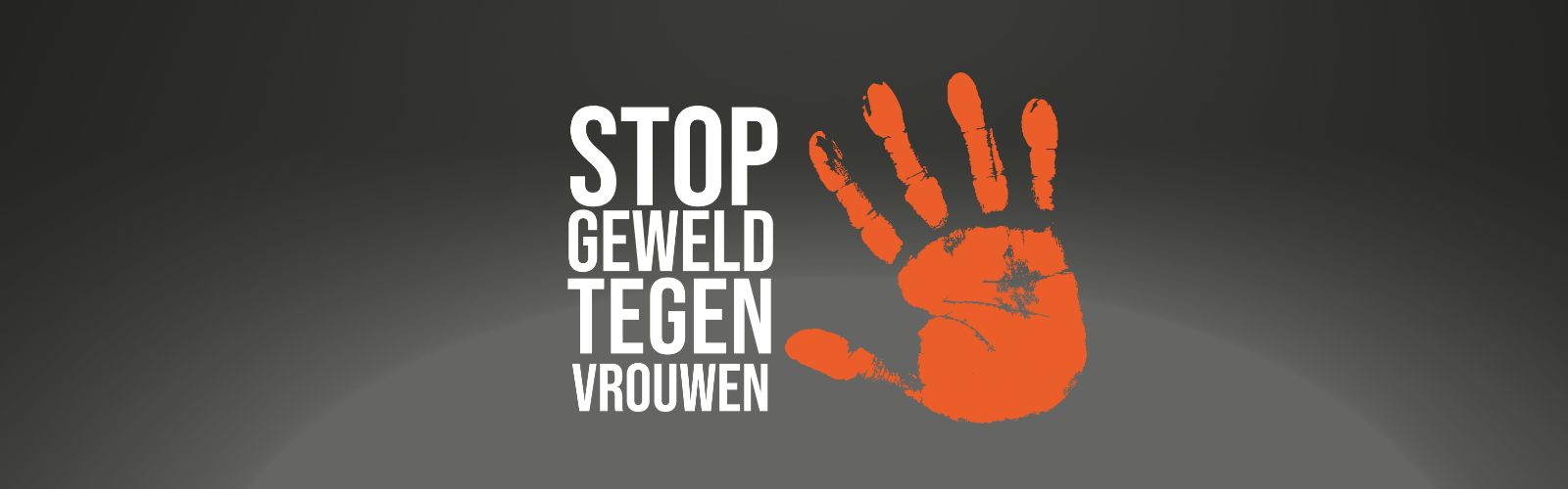 Zwarte-grijze achtergrond met daarvoor witte tekst: stop geweld tegen vrouwen. Rechts daarvan een oranje handafsdruk.