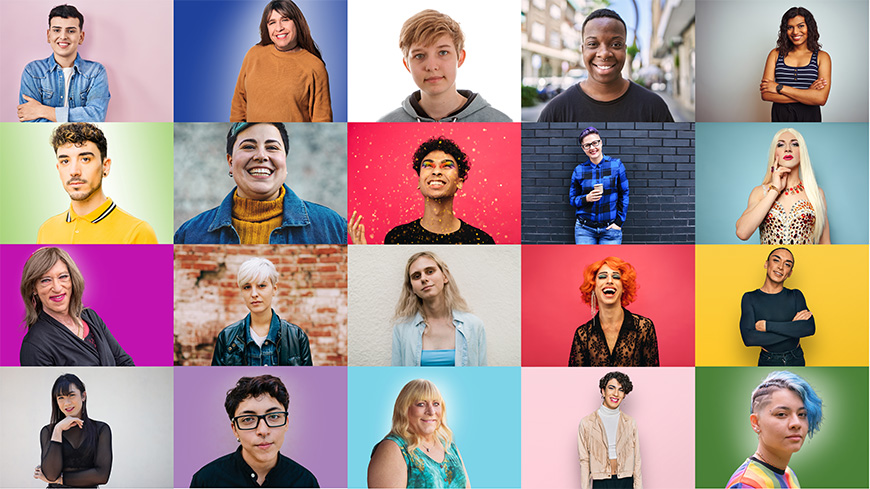 overzicht van 20 portretten van diverse trans en non-binaire personen met elk een andere kleur achtergrond.