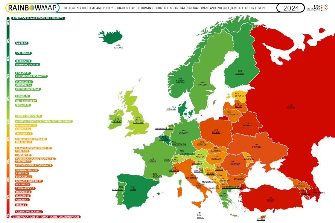 rainbow map van ILGA EUROPE 2024