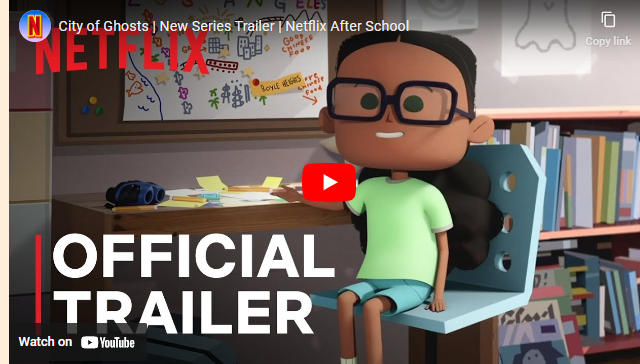 Trailerplaatje van City of Ghosts. Het is een cartoon, waarbij het hoofdpersonage aan een bureau zit. Er zijn tekeningen van de stad en spoken te zien.
