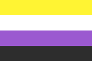 Non-binaire vlag met de kleuren geel, wit, paars en zwart