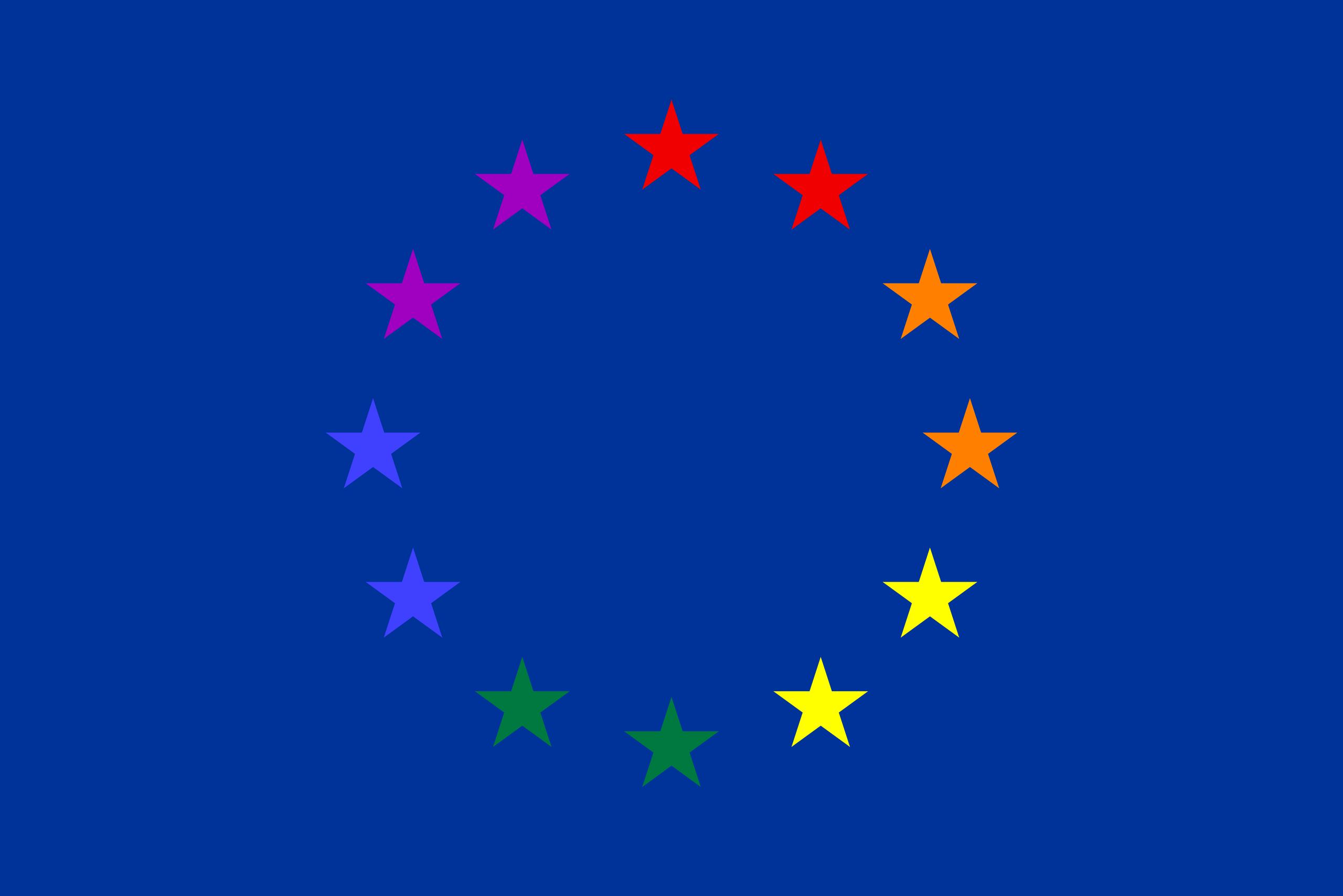 Een afbeelding van het logo van de EU, maar de sterren van de vlag zijn in de regenboogkleuren