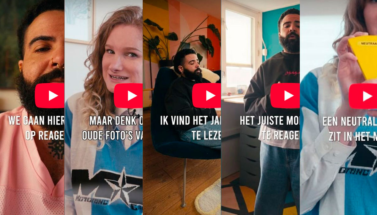 Vijf screenshots van YouTube-video’s over omgaan met online haat en weerstand, met mensen die tips en inzichten delen in diverse huiselijke settings.