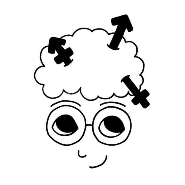 Een eenvoudig getekend gezicht met krullend haar en een bril. Boven het hoofd staan drie gender-symbolen. Het gezicht heeft een neutrale of licht glimlachende uitdrukking.