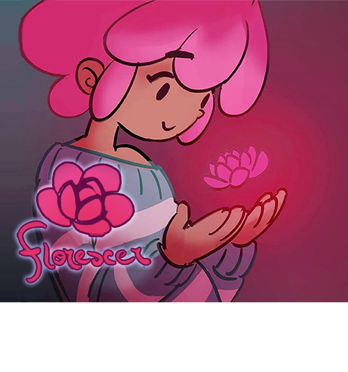 Een getekend persoon met roze haar houdt een gloeiende, roze bloem in hun handen. Ze dragen een brede trui met strepen. Links is een logo met een bloem en het woord Florecer te zien. De sfeer is warm en magisch.