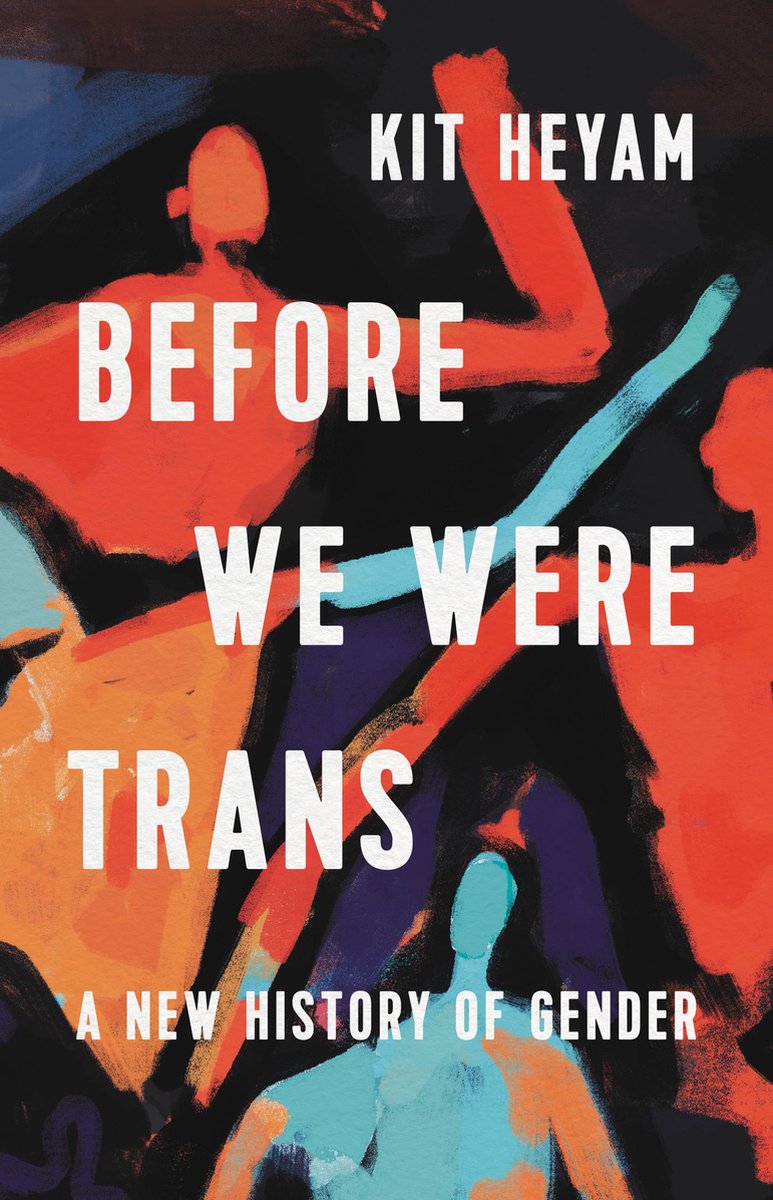 Een abstracte boekomslag met felle kleuren en de titel Before We Were Trans: A New History of Gender van Kit Heyam. Er zijn gestileerde figuren in rood en blauw. De achtergrond is donker, met kleurrijke accenten.
