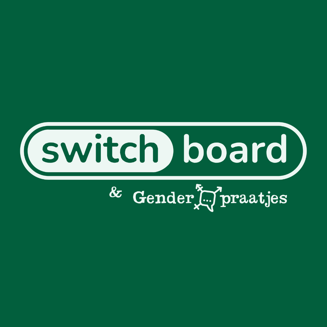 Op donkergroene achtergrond staan de logo's van Switchboard en Genderpraatjes.