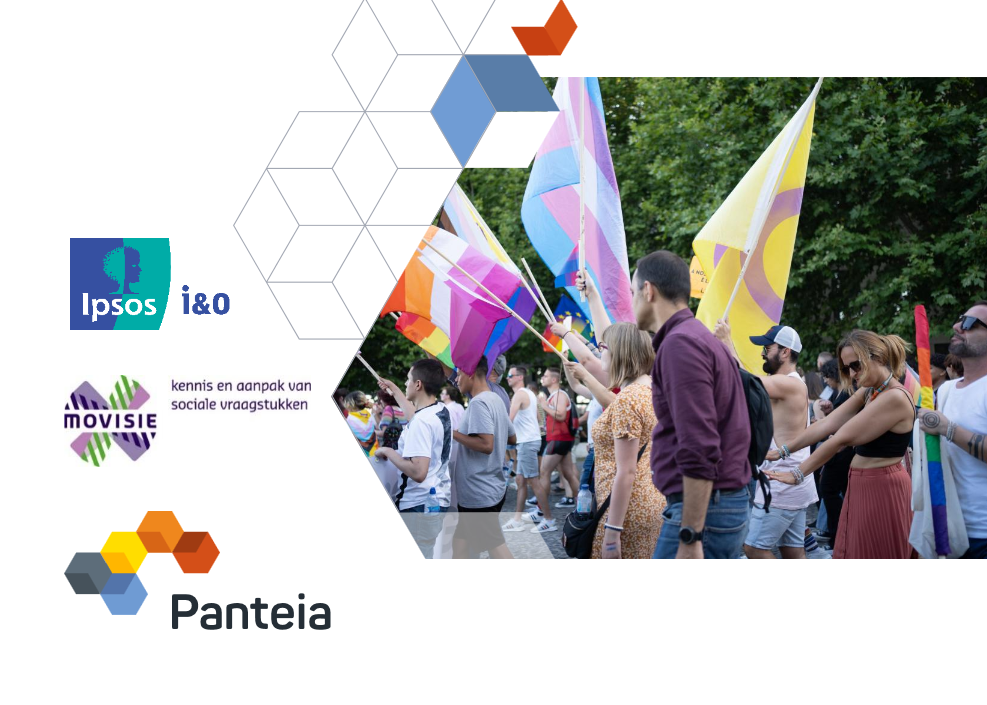 Links drie logo's van Ipsos i&o, Movisie en Panteia. Rechts een groep mensen bij bomen op een pride-optocht, lopend en zwaaiend met regenboogvlaggen en vlaggen voor trans personen en non-binaire personen.
