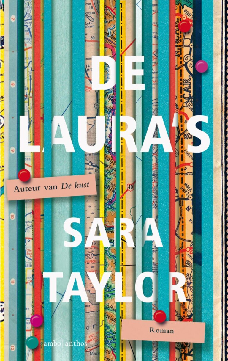 Omslag met smalle verticale strepen in blauwe en gele tinten en kaartpatronen. Grote witte letters 'DE LAURA'S' en grote witte letters met de naam van de auteur. Twee roze kaartjes met 'Auteur van De kust' en 'Roman' en gekleurde duimspelden.